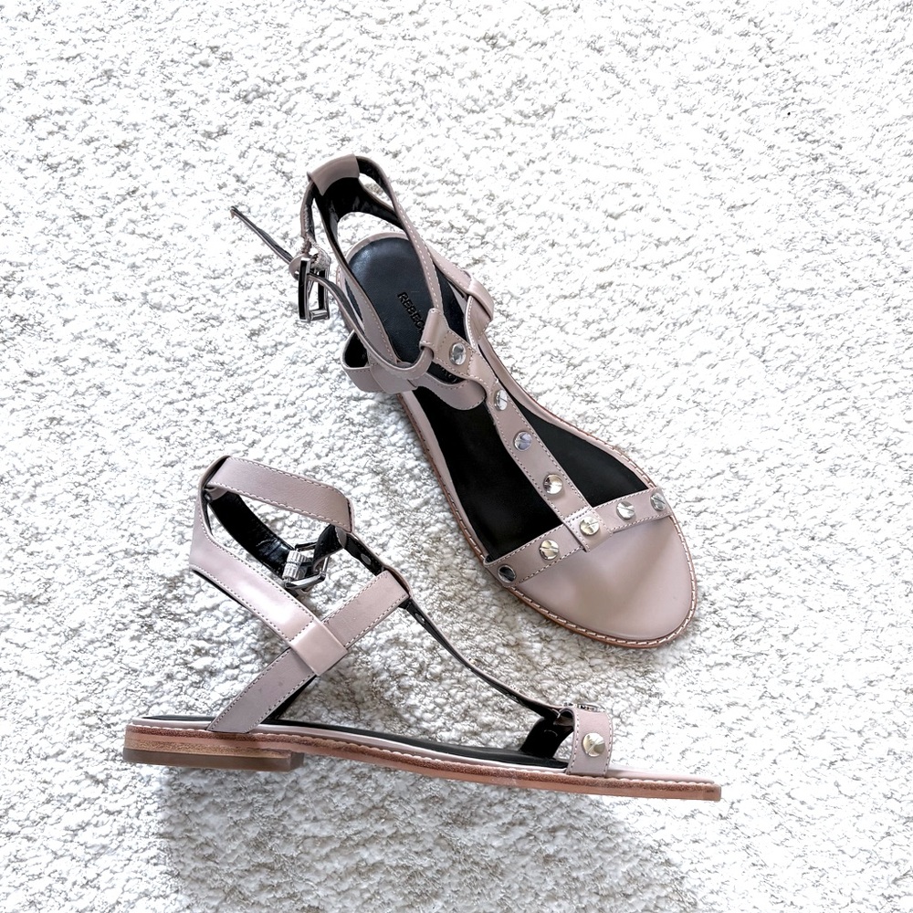 Rebecca Minkoff Tan Ankle Strap Flat Sandals w/ Silver Stud Details New Size 7